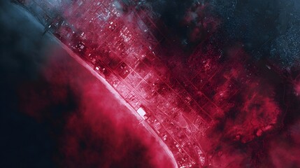 Satellite view of a coastal urban area visualized with a striking red heatmap effect and dark atmospheric tones