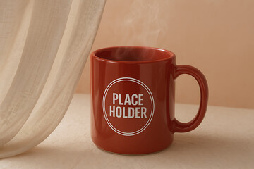 Ceramic Mug Mockup Behind Sheer Curtain – Curtain Reveal Angle