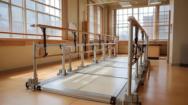 Medical rehabilitation equipment: parallel bars, support harness, gentle ambient natural light