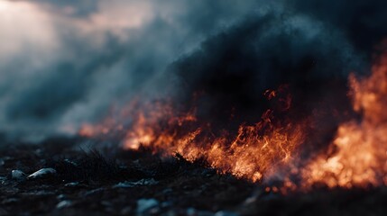 Fototapeta premium A close up view of intense flames burning dry grass and emitting thick dark smoke creating a dramatic and hazardous scene