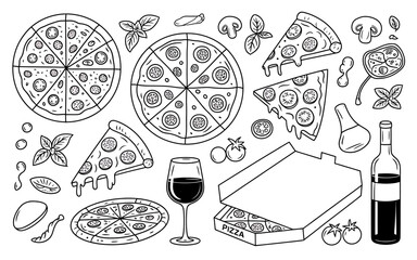 Hand drawn pizza set with ingredients and wine in black and white