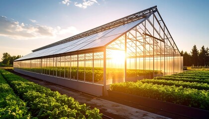 Sunny greenhouse with crops with agriculture at sunrise, and sustainability concept.
