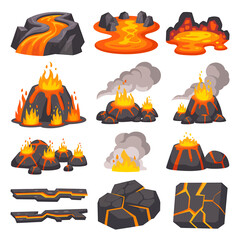 Obraz premium Cartoon volcano eruption with lava and smoke vector illustration set