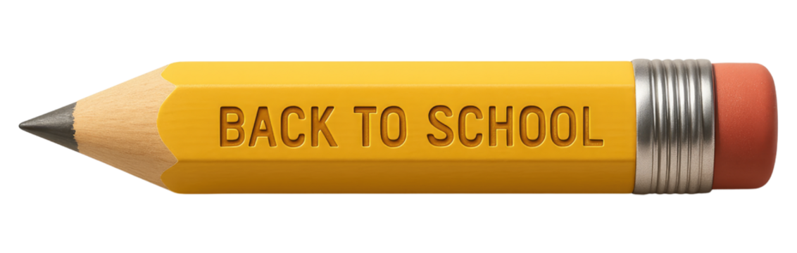 Yellow Pencil with "Back to School" Engraved and Red Eraser Horizontal writing instrument stationery isolated on a transparent background
