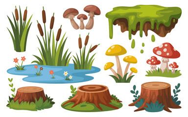 Set of cartoon forest elements with mushrooms, stumps and pond