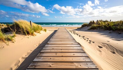 Coastal Wooden Walkway Leading to Turquoise Ocean Under Blue Sky with White Clouds Amidst Sandy Dunes and Beach Grass in Bright Daylight