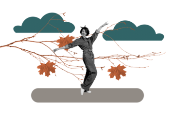 Composite trend artwork image collage of autumn season fall weather leaves clouds outdoors nature young lady pinup style stand model pose