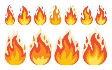 Collection of bright and colorful fire flames in different shapes vector