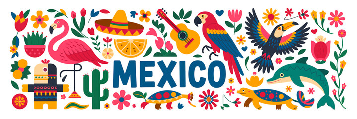 Bright mexico banner with flamingo, parrot, toucan, guitar, cactus vector