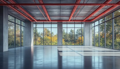 Modern, empty room with large windows offering a scenic view of a vibrant fall forest