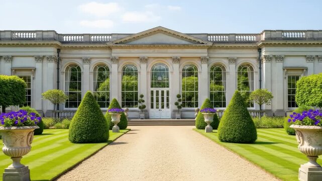 Elegant Neoclassical Orangery in a Formal Garden, 4k video footage