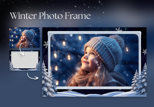 Winter Photo Frame Flyer Template with Snowy Landscape Scene & Frosty Ice Border