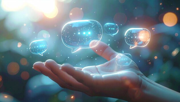 Digital Communication: A hand delicately holds glowing, transparent speech bubbles against a backdrop of blurred natural elements, highlighting the essence of digital dialogue and virtual interaction.