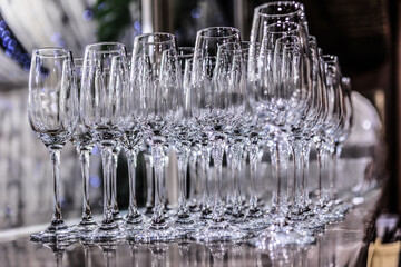 wine glasses in rows on the bar counter