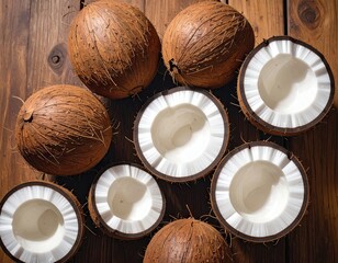 Coconuts Arranged on Rustic Wooden Surface with Natural Lighting Delicious Tropical Fruit Composition Brown and White Color Palette Healthy Eating Concept