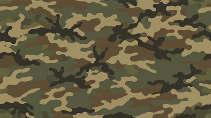 Fototapeta premium Military camouflage seamless pattern, woodland camo vector background, olive green and khaki tactical fabric texture for hunting and army apparel
