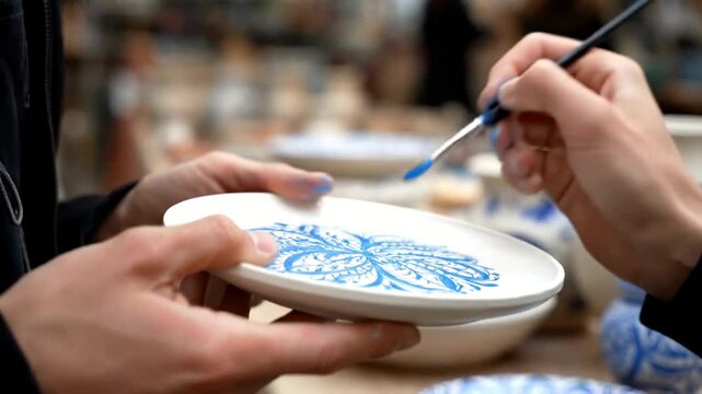Artist Carefully Hand Painting a Blue Mandala on a Ceramic Plate. - Powered by Adobe