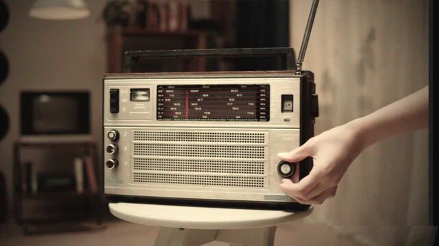 Vintage FM radio, Retro radio tape recorder close-up. Listening to music, old radio boombox player, searching channel. 
