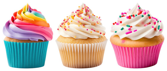 PNG Three colorful cupcakes with vibrant frosting and sprinkles element set on transparent background.