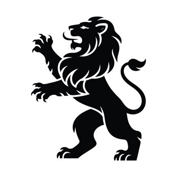 Heraldic rampant lion silhouette emblem