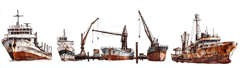 Fototapeta premium Urban exploration mystery vintage Abandoned Ships and Rusty Cranes at a Weathered Dock Scene