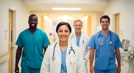 Smiling diverse medical team walking towards the camera in hospital hallway