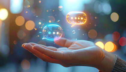 Digital Dialogue: A hand gently cradles glowing, ethereal speech bubbles, embodying the essence of modern communication and digital interaction.
