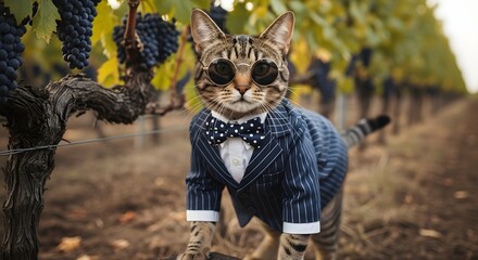 Stylish cat in a suit and sunglasses stands in a vineyard with grapes