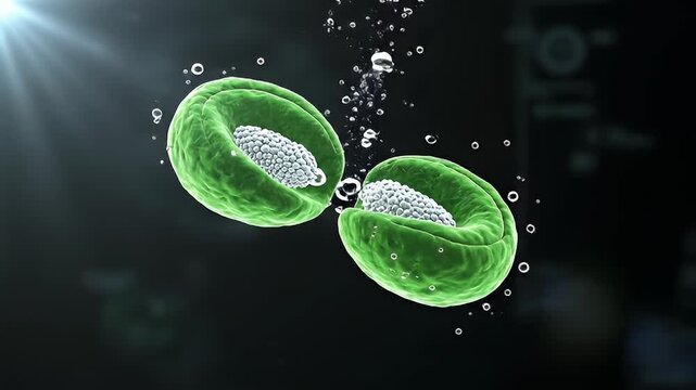 Microscopic Green Cell Division: Illustrating Mitosis and Cellular Reproduction in a Biological