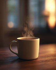 Obraz premium Mental Health Gratitude Concept,Hot steaming coffee cup brings mental health benefits and gratitude moment for morning mindfulness wooden table