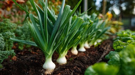 Obraz premium Fresh leeks growing in organic vegetable garden