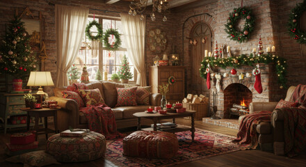 Fototapeta premium Eclectic boho interior with winter elements, colorful textiles, holiday wreaths, layered textures, creative and lived-in look