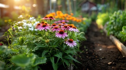 Purple coneflower echinacea plants growing in a sunny garden