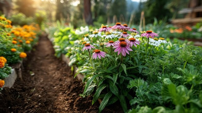 Home garden blooming with echinacea and marigold flowers