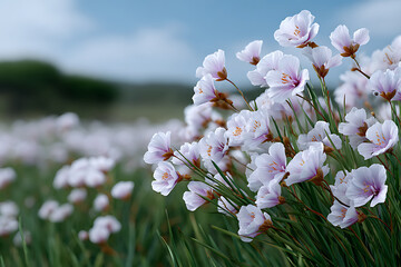 Delicate Pink Wildflowers Blooming in Vibrant Green Grassy Field
