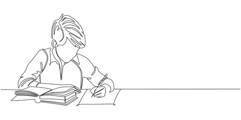 A boys is writing in a book with a pen line art style vector illustration