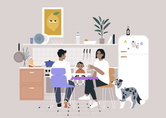 A family shares a delightful dinner in their cheerful kitchen, A child sits at the table, while parents chat and smile, with a dog nearby, adding warmth to the evening.