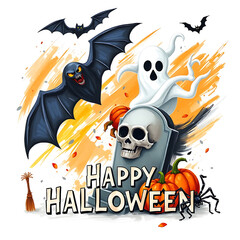 “Happy Halloween Acrylic Painting – Spooky Ghosts, Pumpkins, Bats & Haunted Elements for Advertising, Web, Social Media, Sale Banner, T-Shirt & Flyer Design on White Background”