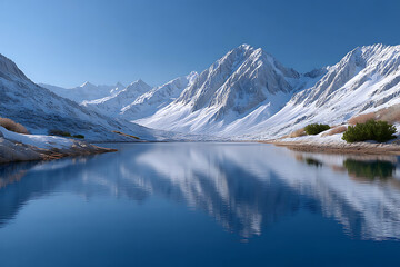 Serene Winter Landscape with Snowy Peaks and Calm Blue Lake