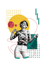 Vertical photo collage of happy girl wear headphones listen music enjoy free time entertainment disco party isolated on painted background