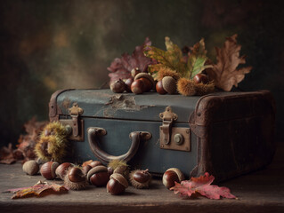 Vintage suitcase with chestnuts and acorns spilling among autumn leaves. Nostalgic seasonal still life.