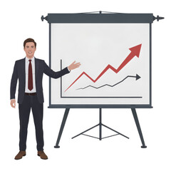 Businessman presenting upward trending graph on projection screen isolated on a transparent background