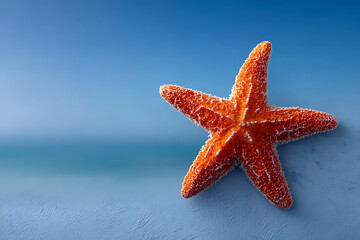 Bright Orange Starfish on a Soft Blue Background by the Ocean Shoreline