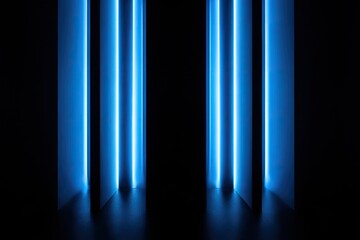 Fototapeta premium Illuminated vertical blue neon lights against a dark black background, creating a modern effect