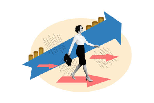 Creative collage picture young business lady walk golden coins startup growth improvement development arrow drawing background