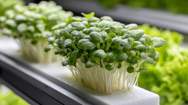 Microgreens growing in hydroponic vertical farm system