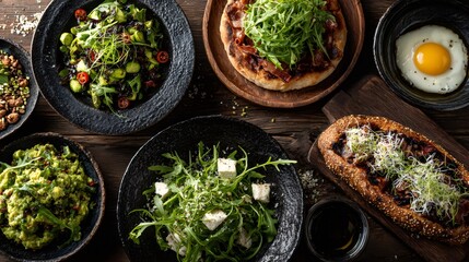 Healthy gourmet meal selection arranged on rustic table