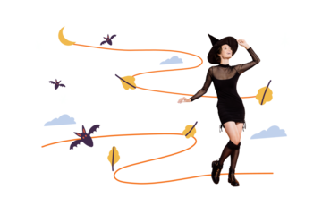 Composite photo collage of happy witch girl dance autumn street dark night autumn foliage bats isolated on painted background