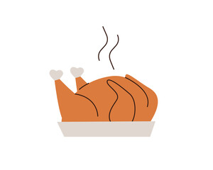 Roasted turkey for Thanksgiving isolated on white background. Hot cooked bird on platter. vector food illustration