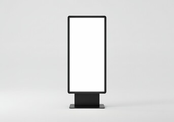 Sleek Black Digital Totem Display with Blank White Screen on Minimalist Gray Background